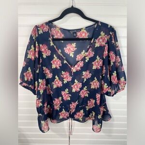 American Living Navy Floral Puff Sleeve Sheer V-Neck Tie Front Top Women XL EUC